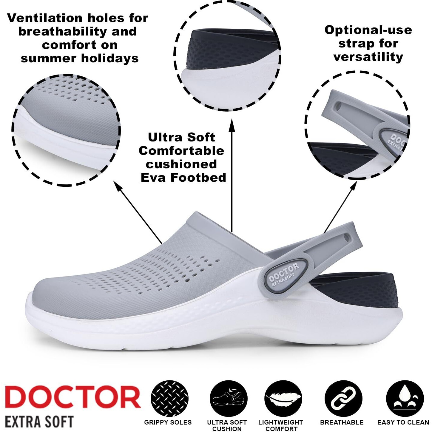 Doctor Extra Soft Men's Classic Casual Sports Clogs/Sandals With Adjustable Back Strap For Adult | Comfortable & Lightweight| Stylish & Anti-Skid| Waterproof & Everyday Use Mules For Gents/Boys D-513