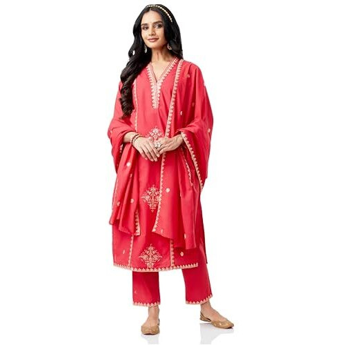 Amazon Brand - Myx Women's Embroidered Cotton Kurta Pant Set With Dupatta (Ss25-Myx-Shu-Ks_01_Red_Xs)