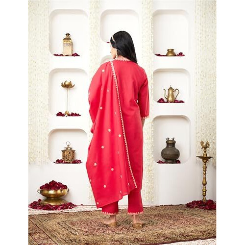 Amazon Brand - Myx Women's Embroidered Cotton Kurta Pant Set With Dupatta (Ss25-Myx-Shu-Ks_01_Red_Xs)