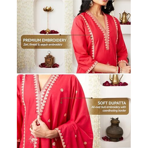 Amazon Brand - Myx Women's Embroidered Cotton Kurta Pant Set With Dupatta (Ss25-Myx-Shu-Ks_01_Red_Xs)
