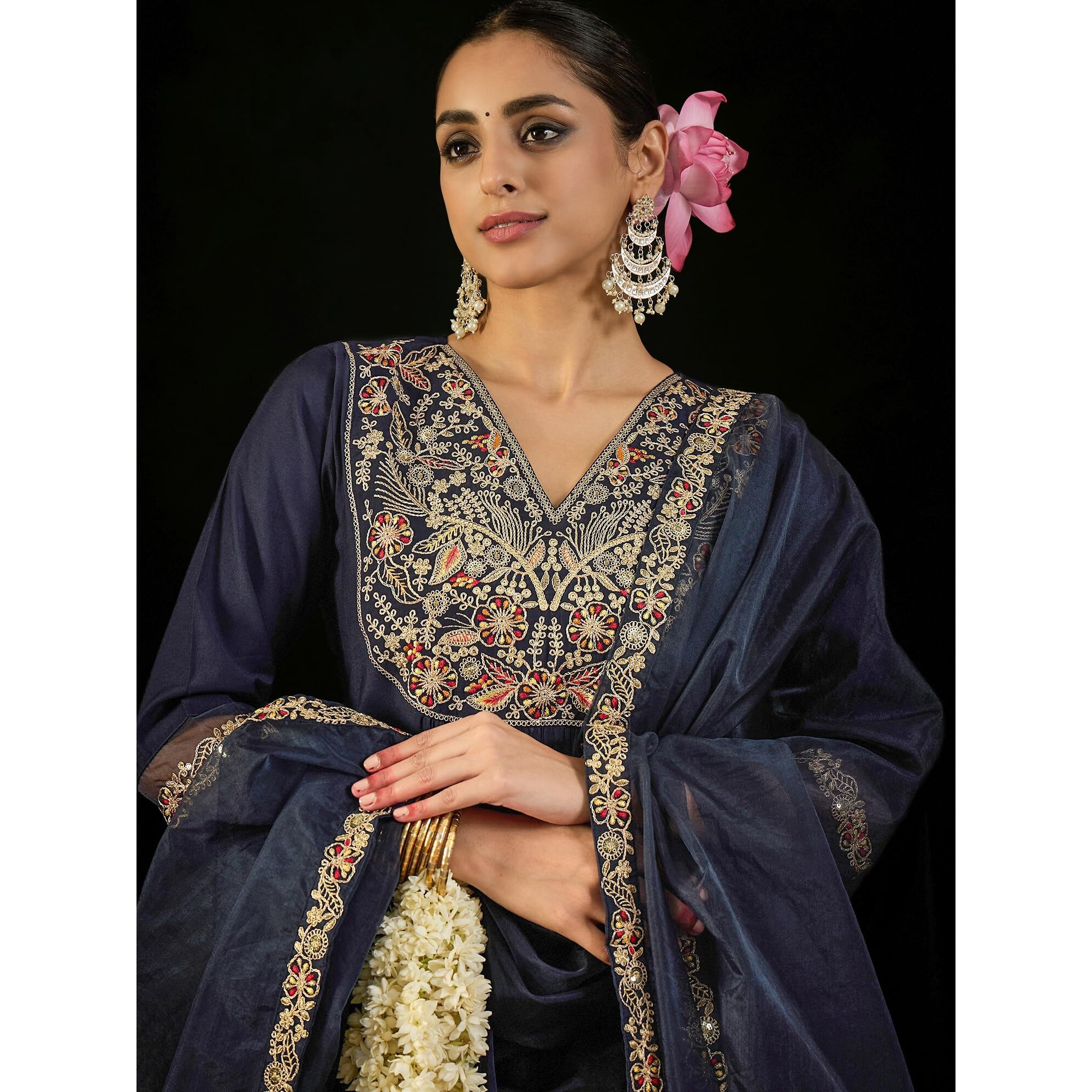 Indo Era Women's Navy Blue Viscose Embroidered A-Line Kurta & Pant With Dupatta Suit Set (Kh1Nb9619_Xx-Large)