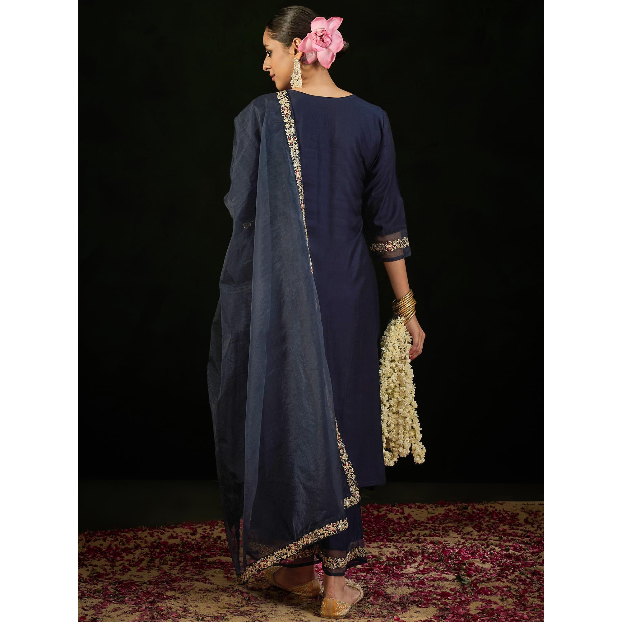 Indo Era Women's Navy Blue Viscose Embroidered A-Line Kurta & Pant With Dupatta Suit Set (Kh1Nb9619_Xx-Large)
