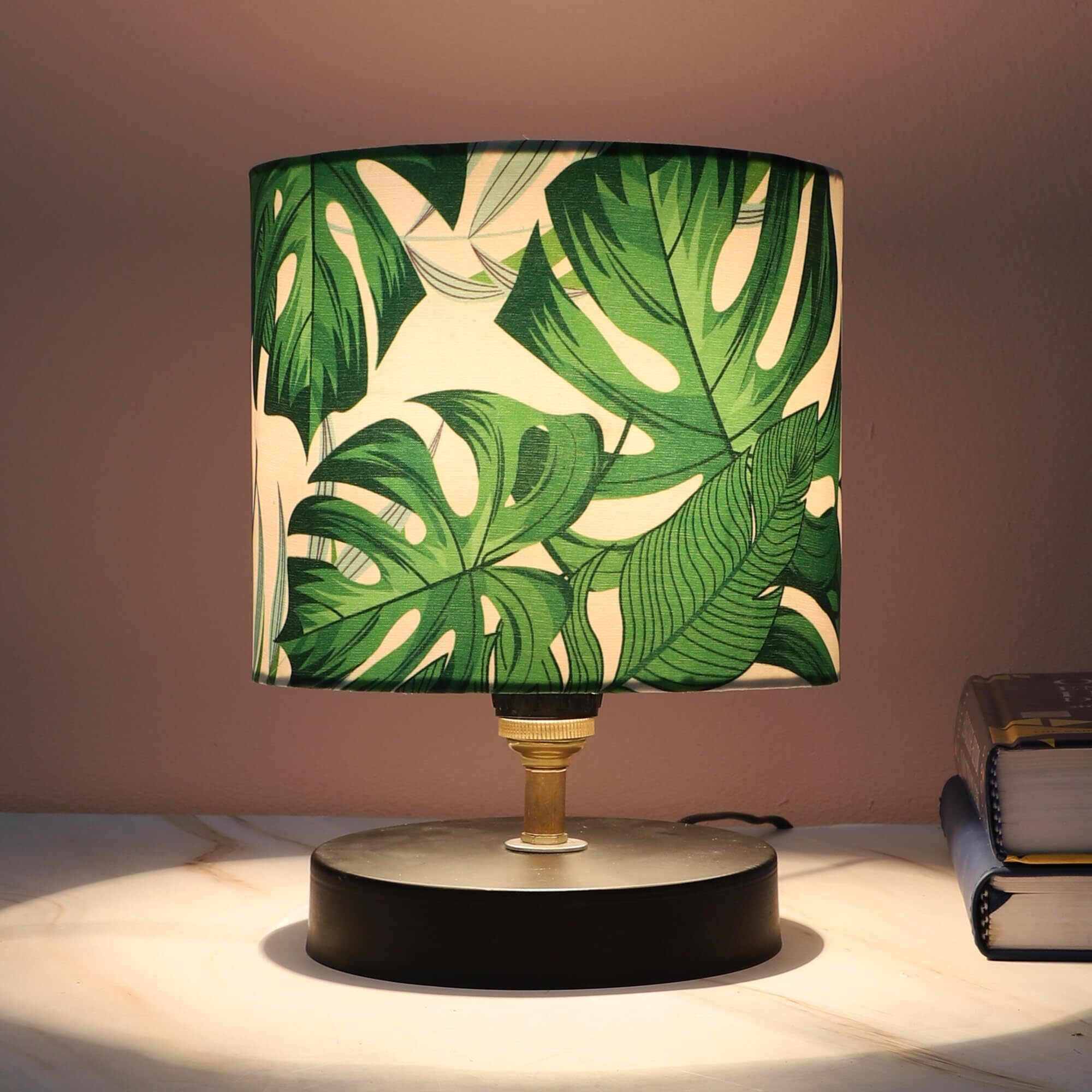 Tu Casa Black Metal Table Lamp For Home Decoration, Bedroom, Living Room, Lounge, Office, Festival Gifting, Study Table (Palm Print With Satin Shade) H - 9" / No Blub