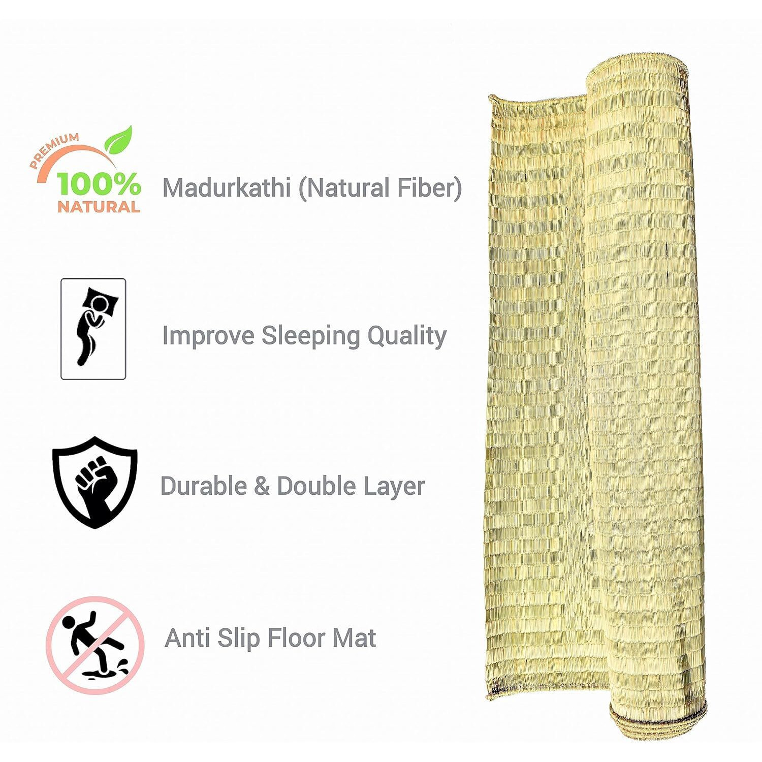 Orric Handmade Double Layered Chatai Madur Kusha Grass Mat Korai Pai Organic Yoga Mat As Floor Mat (52 X 74 Inch)