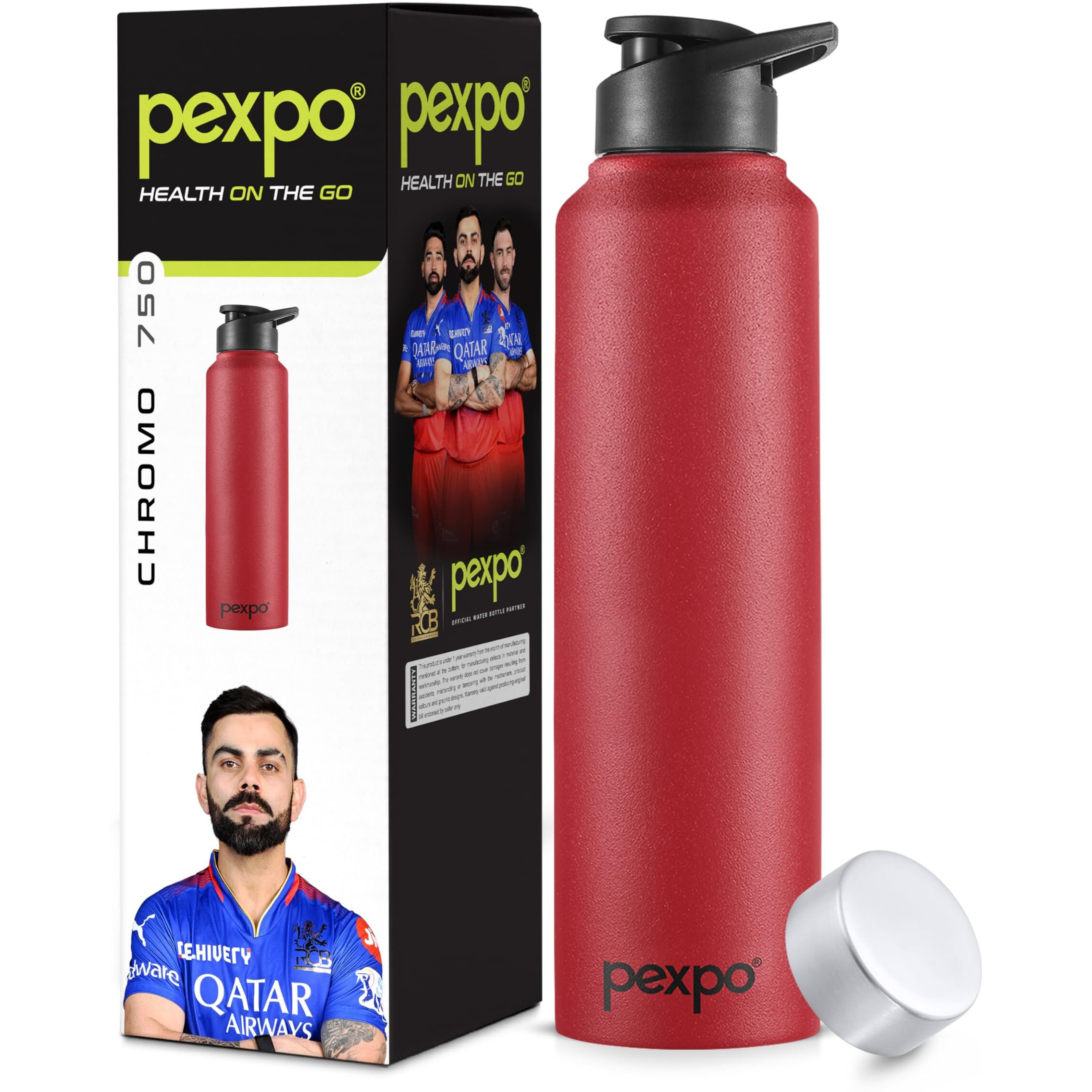 Pexpo Chromo Pro Stainless Steel Sports/Fridge Water Bottle With Sipper & Steel Cap, 1 Litre, Crimson Red |Eco Friendly|Bpa Free|Water Bottle For Office, Gym, School, Yoga | Rcb Edition