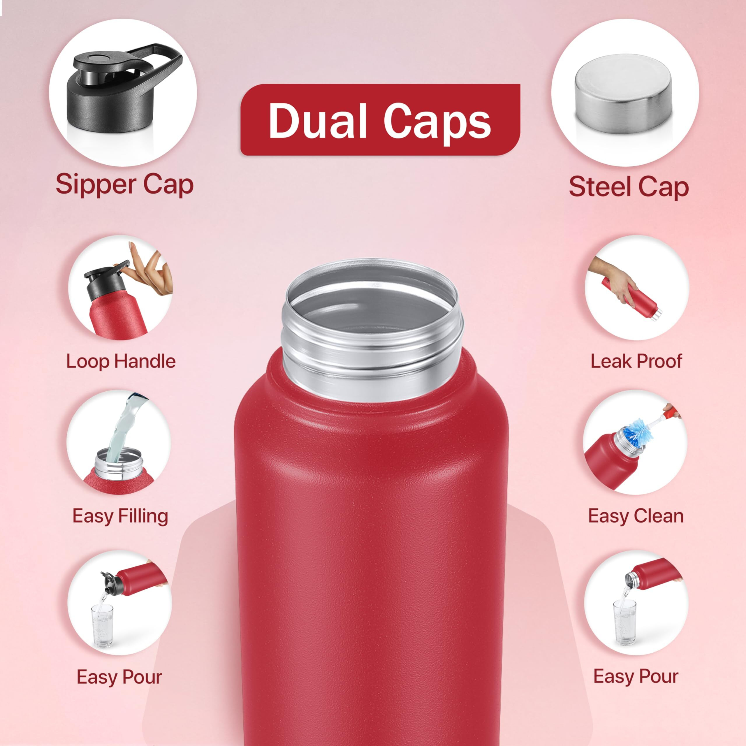 Pexpo Chromo Pro Stainless Steel Sports/Fridge Water Bottle With Sipper & Steel Cap, 1 Litre, Crimson Red |Eco Friendly|Bpa Free|Water Bottle For Office, Gym, School, Yoga | Rcb Edition