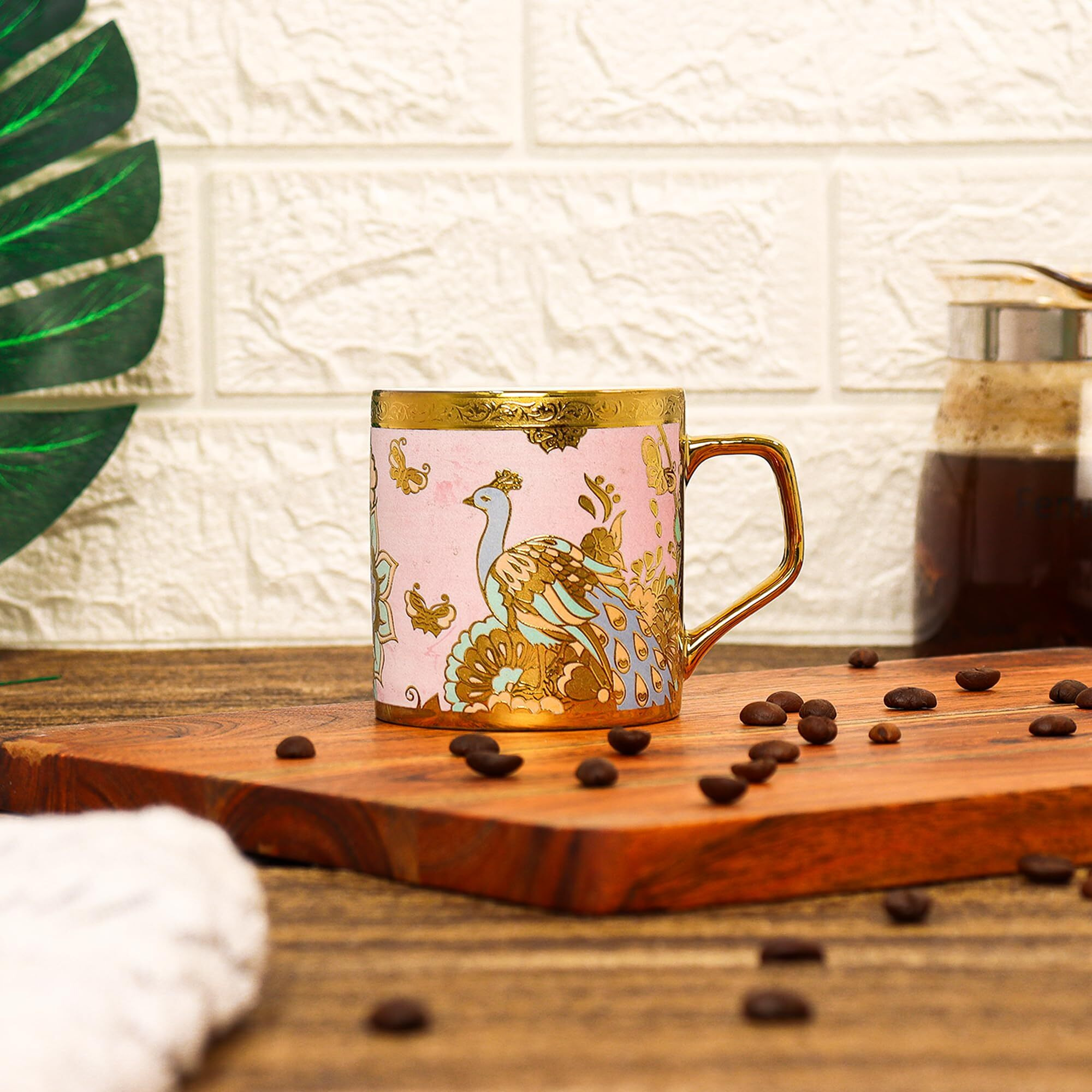 Femora Bone China Gloden Tea Cup (Butterfly & Peacock), 160 Ml, Peach