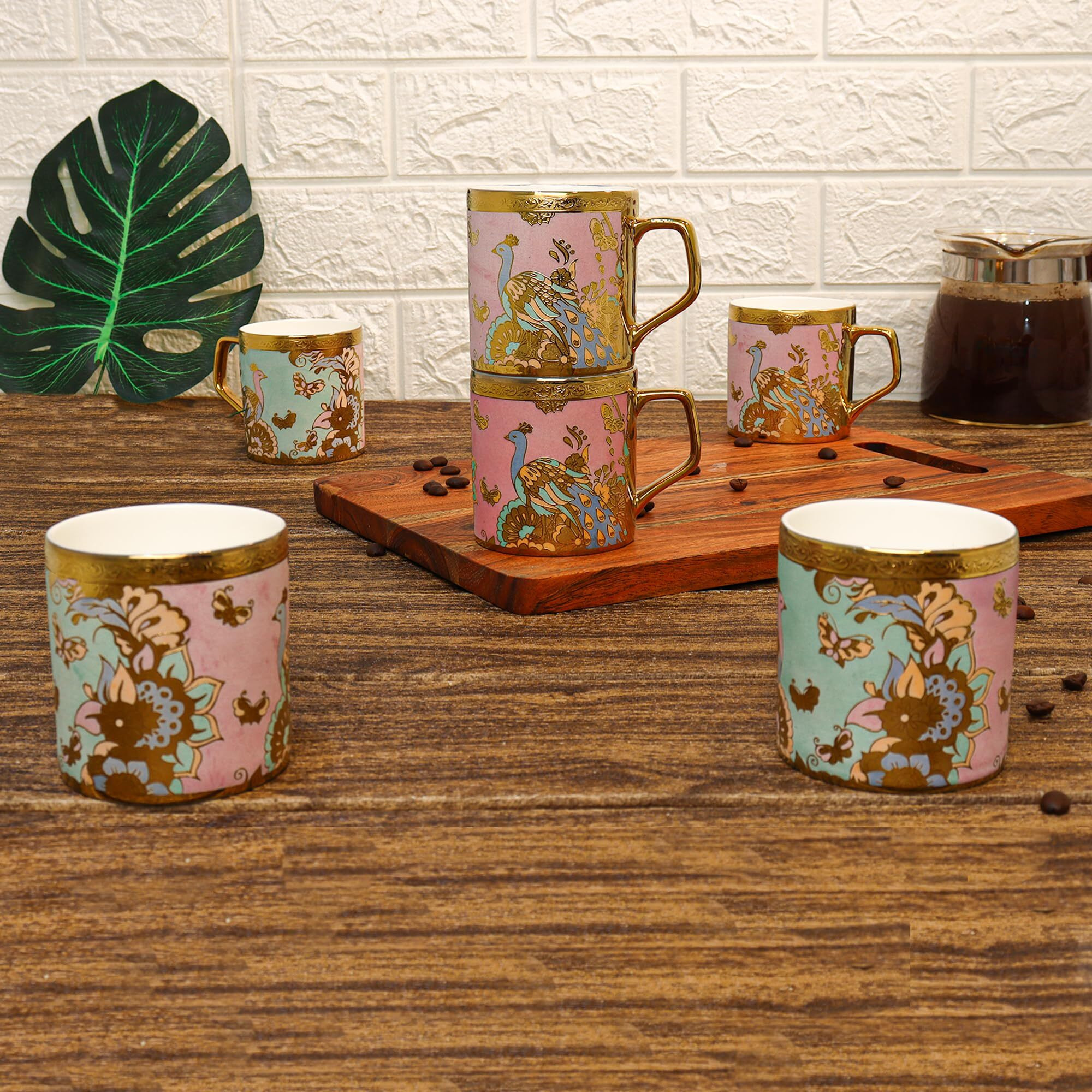 Femora Bone China Gloden Tea Cup (Butterfly & Peacock), 160 Ml, Peach