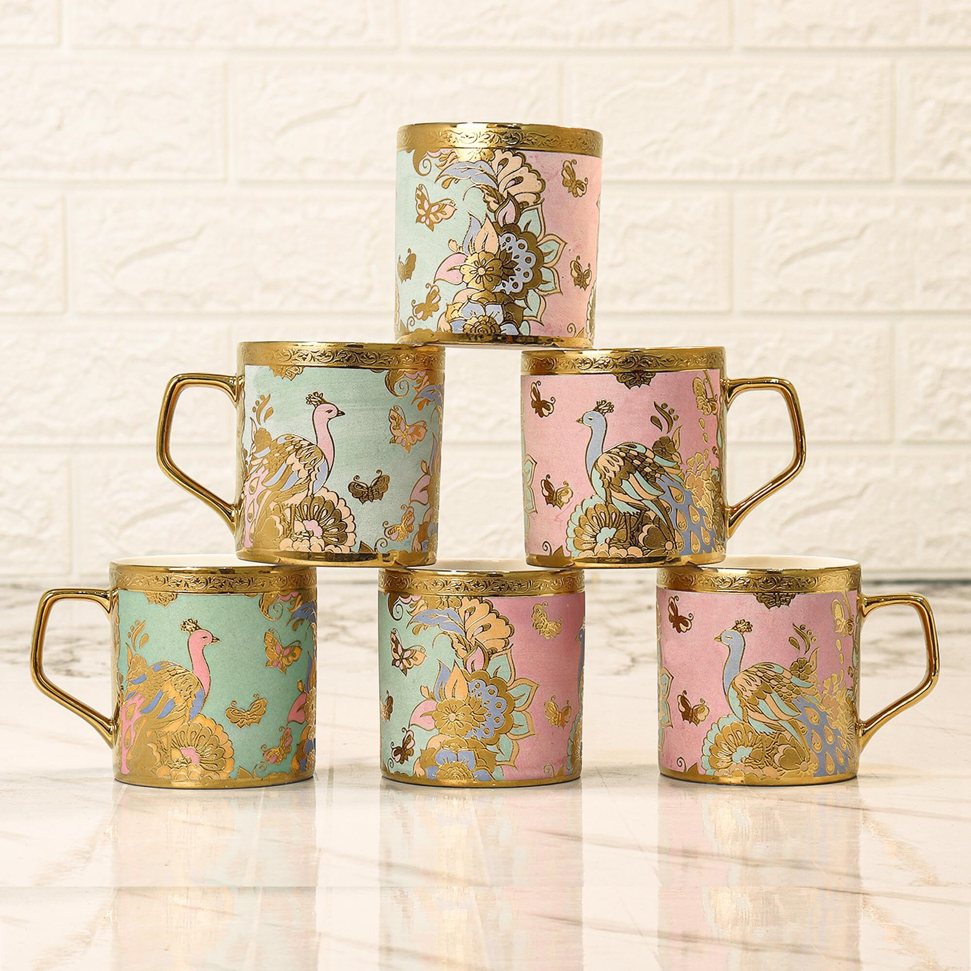 Femora Bone China Gloden Tea Cup (Butterfly & Peacock), 160 Ml, Peach