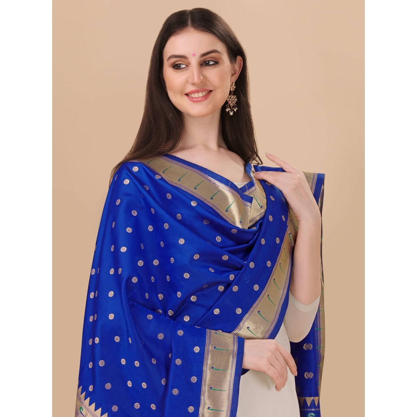 Devangi Women's Woven Paithani Banarasi Silk Dupatta/Chunni For Women, Animal Print 1 Meter Wide And 2.3 Meter Length Printed Designer Dupatta/Chunni For Girls (Royalblue)