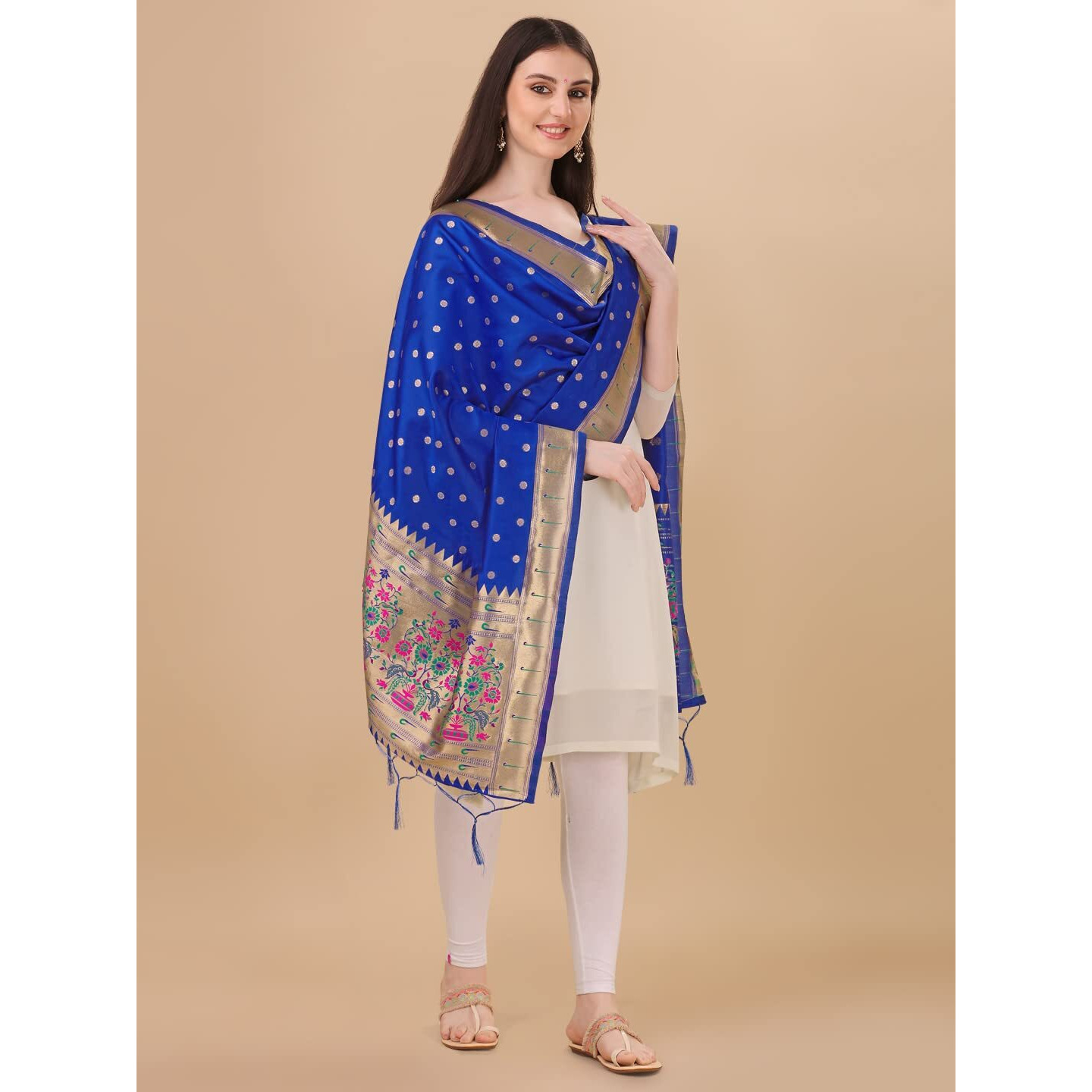 Devangi Women's Woven Paithani Banarasi Silk Dupatta/Chunni For Women, Animal Print 1 Meter Wide And 2.3 Meter Length Printed Designer Dupatta/Chunni For Girls (Royalblue)