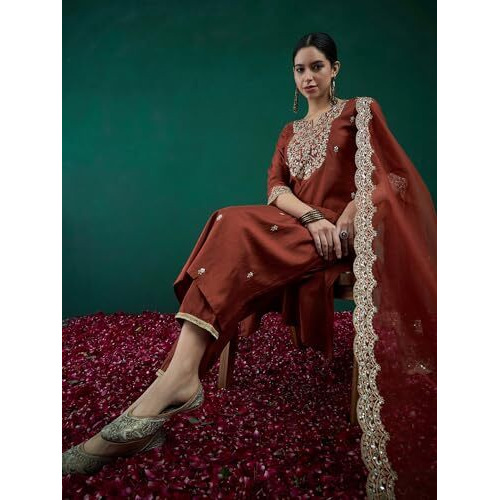 Indo Era Women's Viscose Embroidered Straight Kurta & Pant With Dupatta Set (Kh1Rt9579_Xx-Large, Kurta Set)