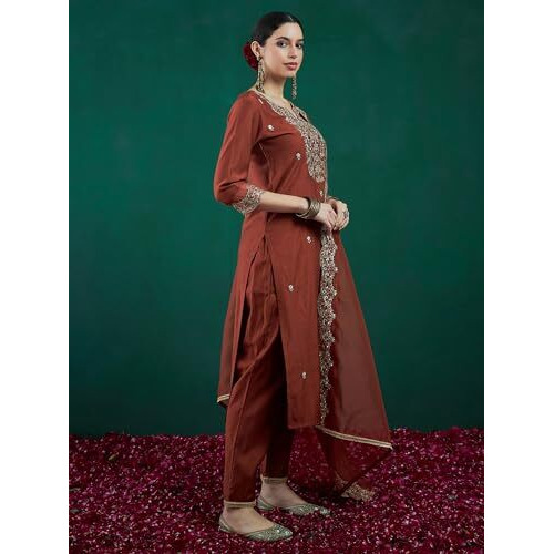 Indo Era Women's Viscose Embroidered Straight Kurta & Pant With Dupatta Set (Kh1Rt9579_Xx-Large, Kurta Set)