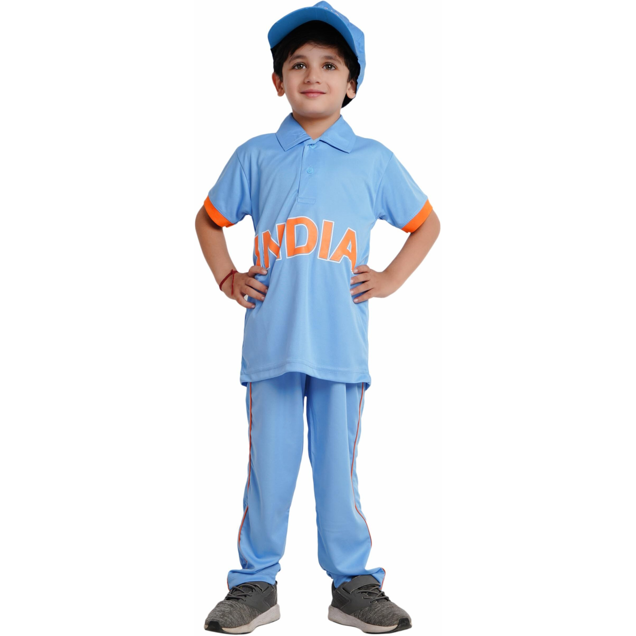 Kaku Fancy Dresses Cricket Team Costume For Kids, Worldcup T-Shirt, Pant & Caps For Boys & Girls | Blue Uniform Dress | Sports Jersey - 7-8 Years