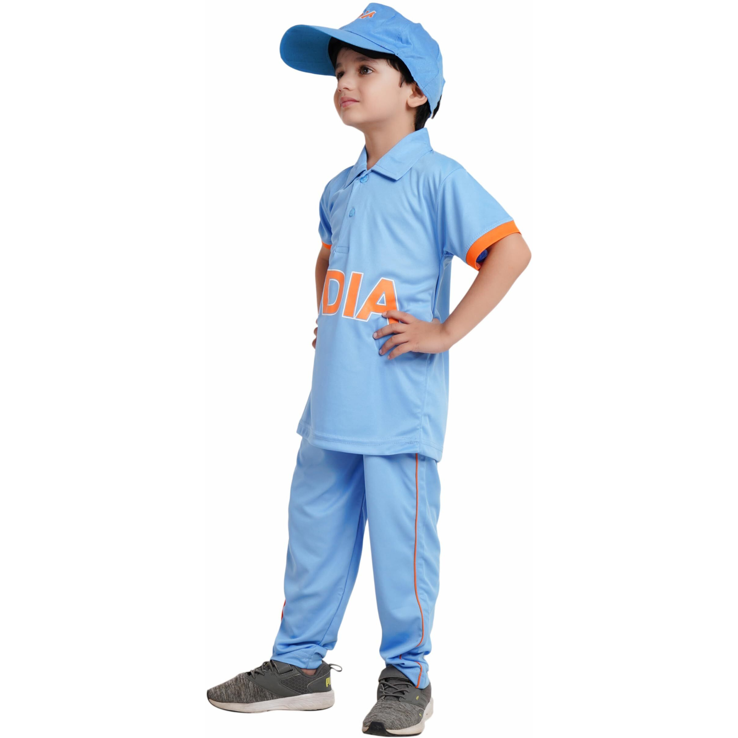 Kaku Fancy Dresses Cricket Team Costume For Kids, Worldcup T-Shirt, Pant & Caps For Boys & Girls | Blue Uniform Dress | Sports Jersey - 7-8 Years