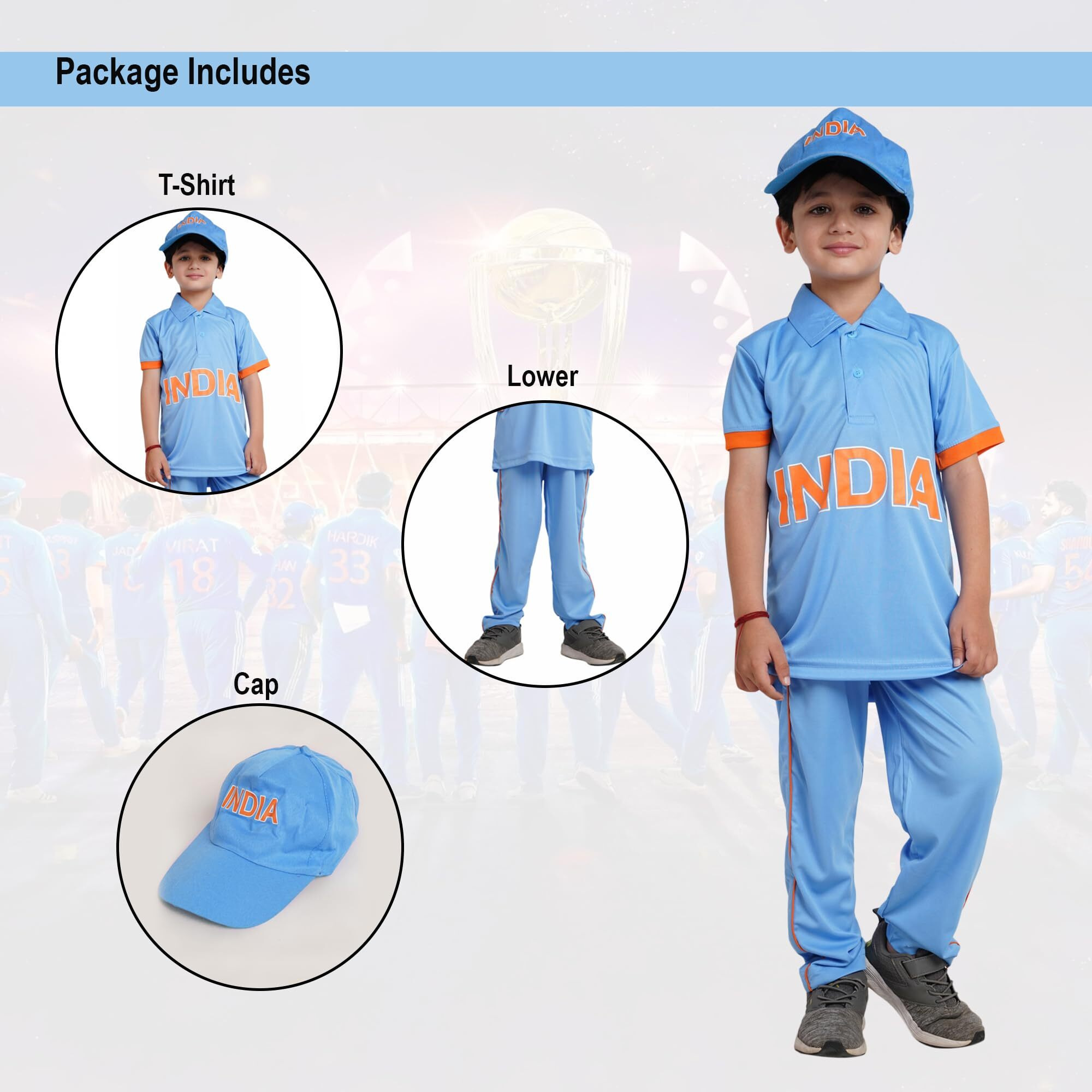 Kaku Fancy Dresses Cricket Team Costume For Kids, Worldcup T-Shirt, Pant & Caps For Boys & Girls | Blue Uniform Dress | Sports Jersey - 7-8 Years