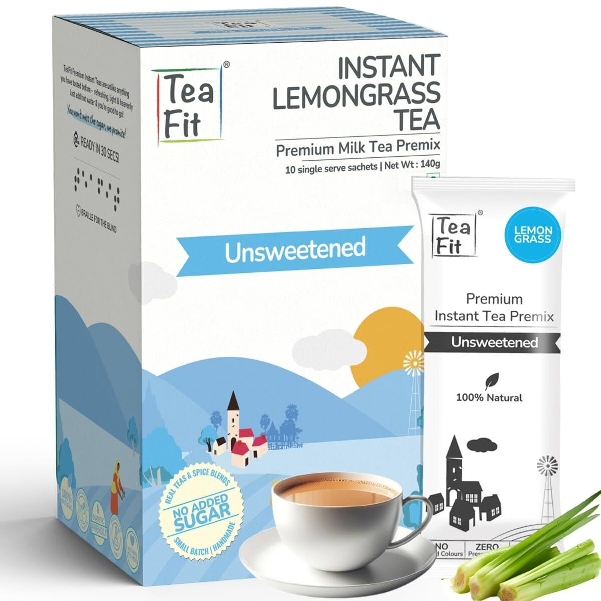 Teafit Premium Unsweetened Lemongrass Instant Tea Premix Pack Of 10 Sachets | Just Add Water | Strong Home Like Chai Tea | Diabetic Friendly | No Sweeteners, 140 Gm