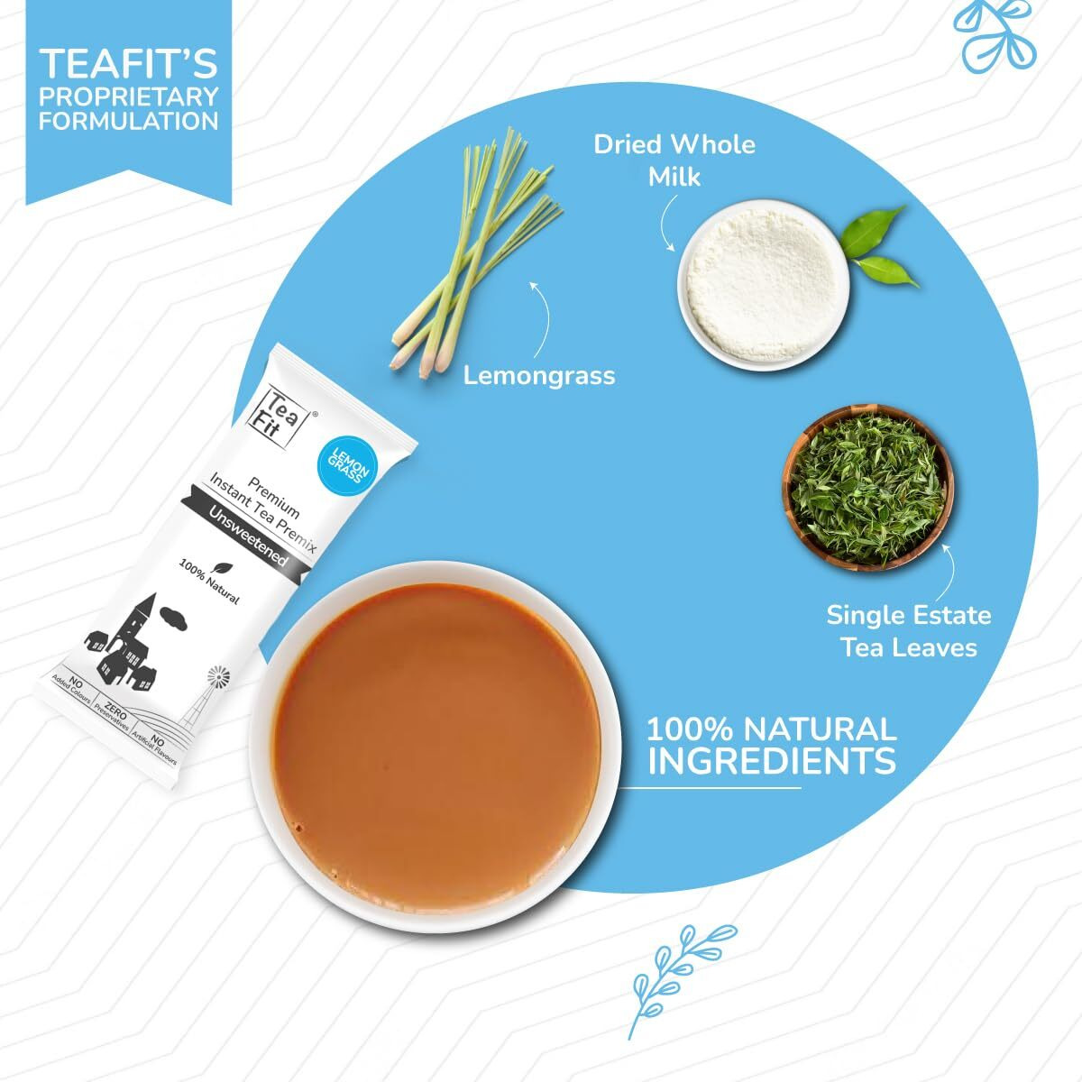Teafit Premium Unsweetened Lemongrass Instant Tea Premix Pack Of 10 Sachets | Just Add Water | Strong Home Like Chai Tea | Diabetic Friendly | No Sweeteners, 140 Gm