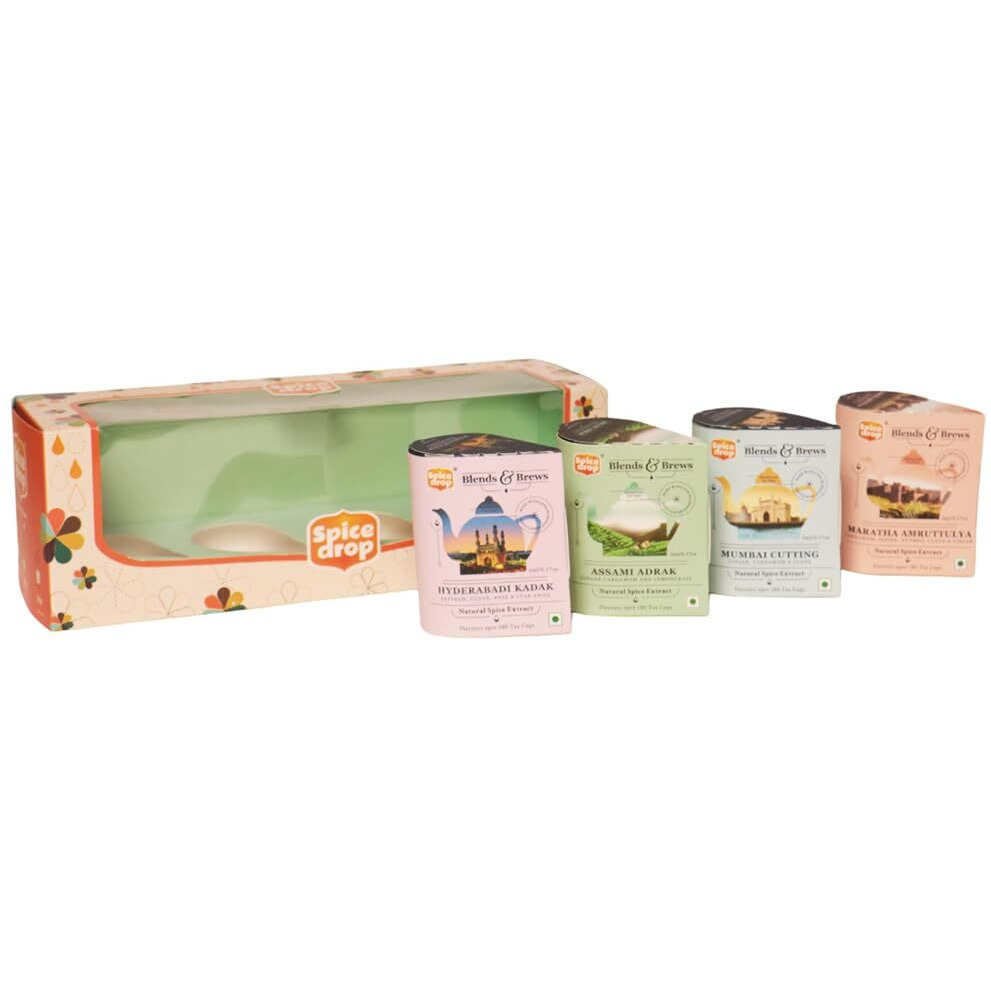 Spice Drop Chai Masala Drops Gift Hamper|4 Unique Flavors Hyderabadi Kadak, Assami Adrak, Mumbai Cutting, Maratha Amruttulya|Instant Tea, Coffee & Latte Enhancer|1 Count