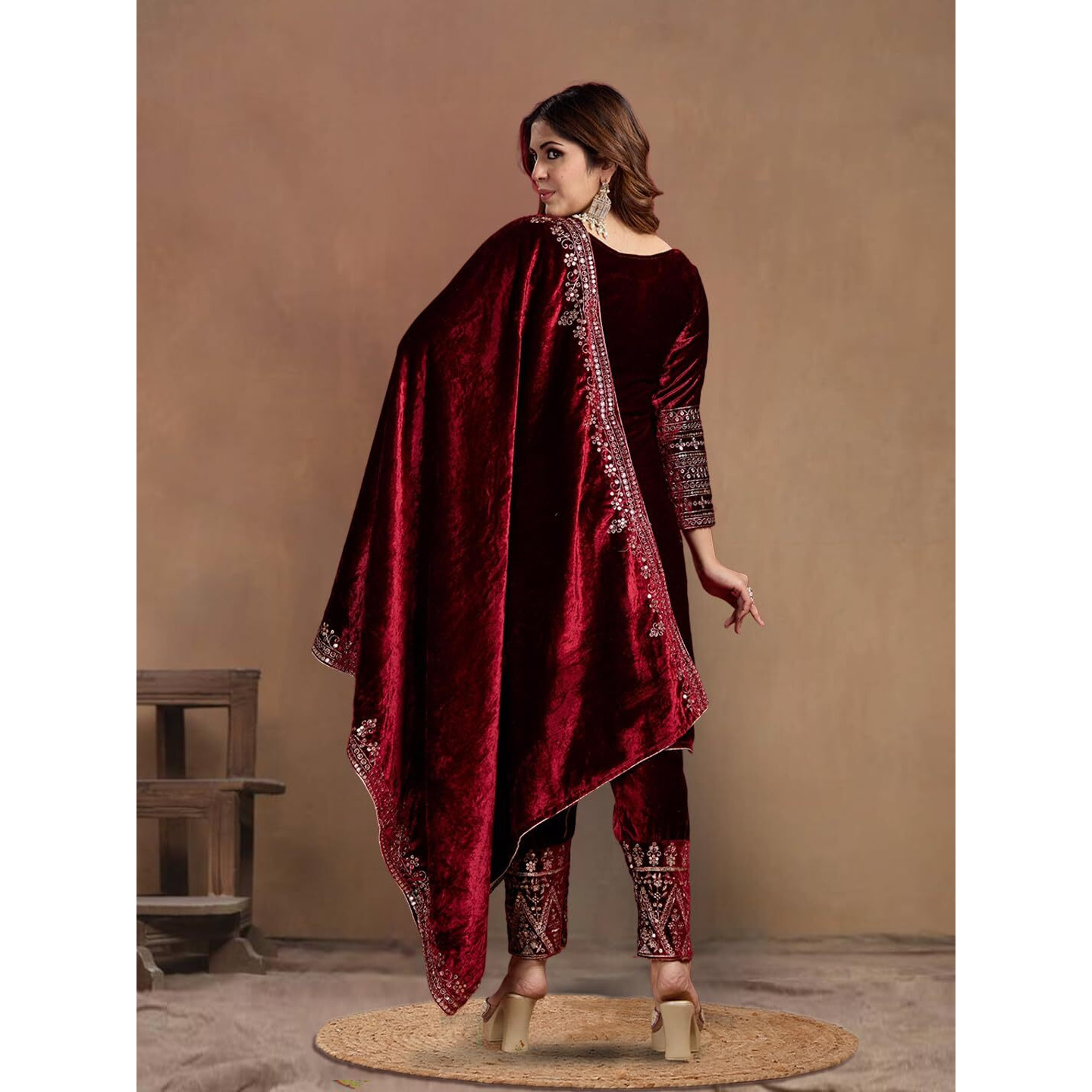Brulry Women's Velvet Embroidered Maroon Straight Kurta Suit Set With Pant And Dupatta||Velvet Suit For Women||Velvet Kurta Set Women||Kurta Set For Women Winter