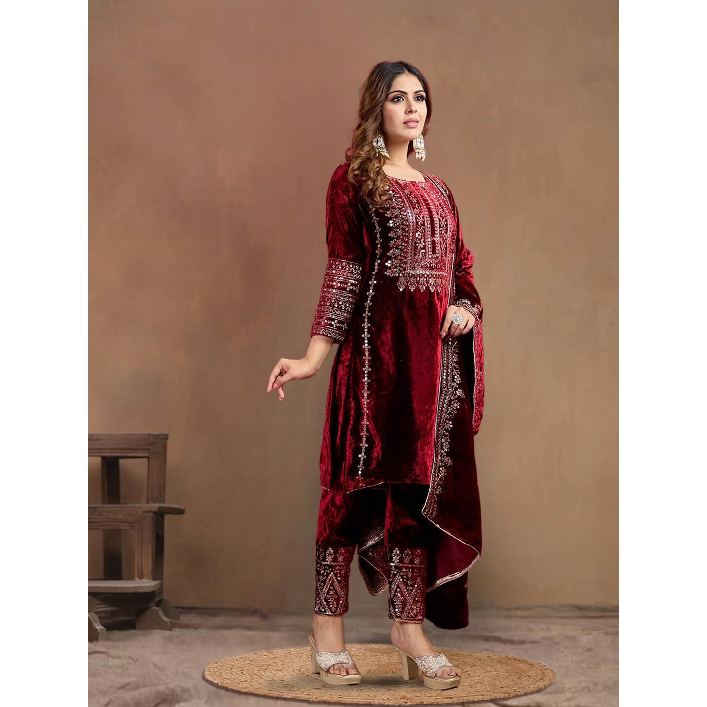 Brulry Women's Velvet Embroidered Maroon Straight Kurta Suit Set With Pant And Dupatta||Velvet Suit For Women||Velvet Kurta Set Women||Kurta Set For Women Winter