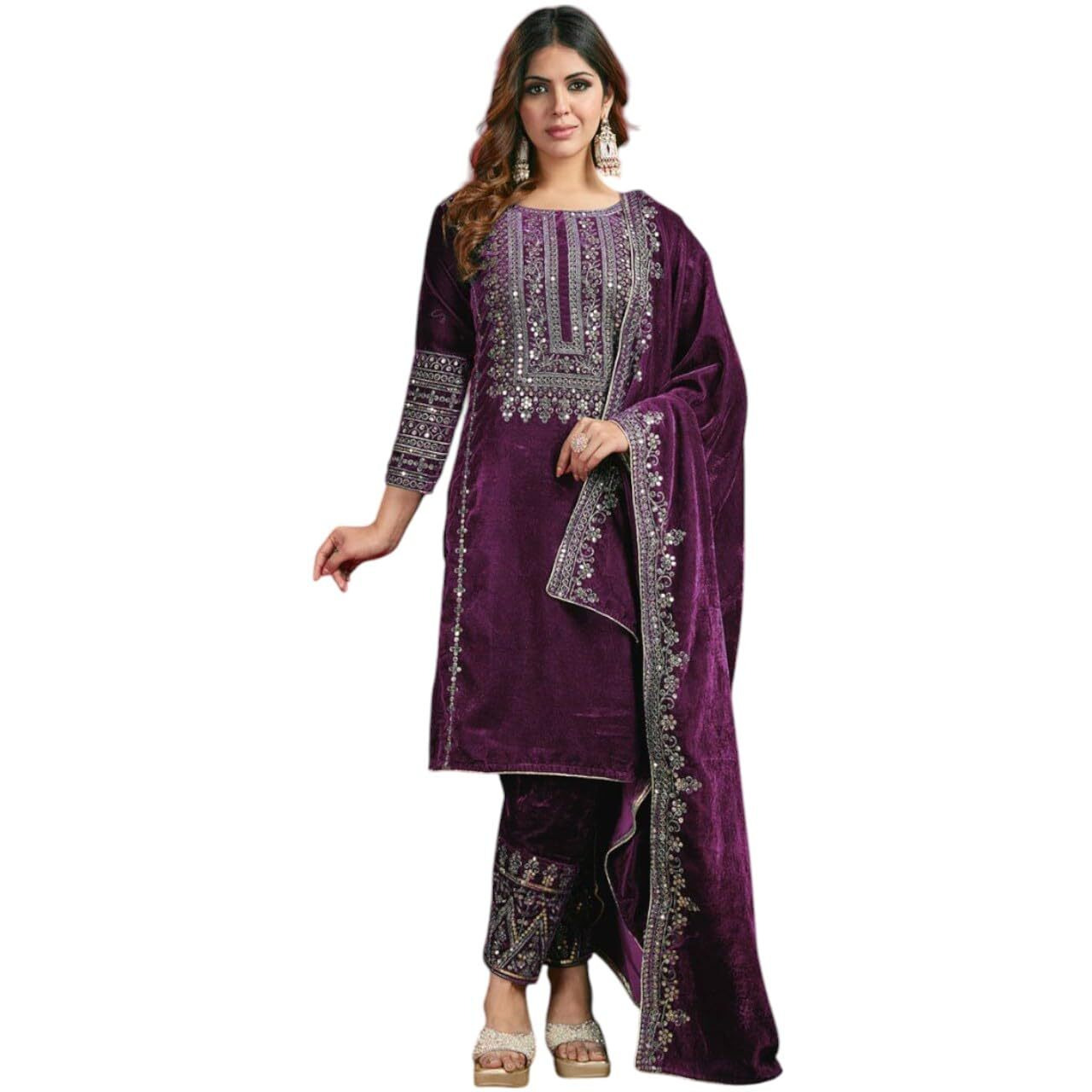 Brulry Women's Velvet Embroidered Purple Straight Kurta Suit Set With Pant And Dupatta||Velvet Suit For Women||Velvet Kurta Set Women||Kurta Set For Women Winter
