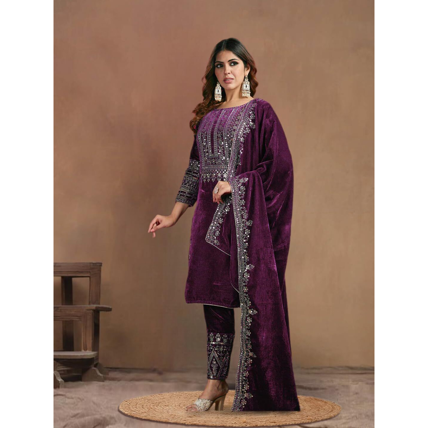 Brulry Women's Velvet Embroidered Purple Straight Kurta Suit Set With Pant And Dupatta||Velvet Suit For Women||Velvet Kurta Set Women||Kurta Set For Women Winter