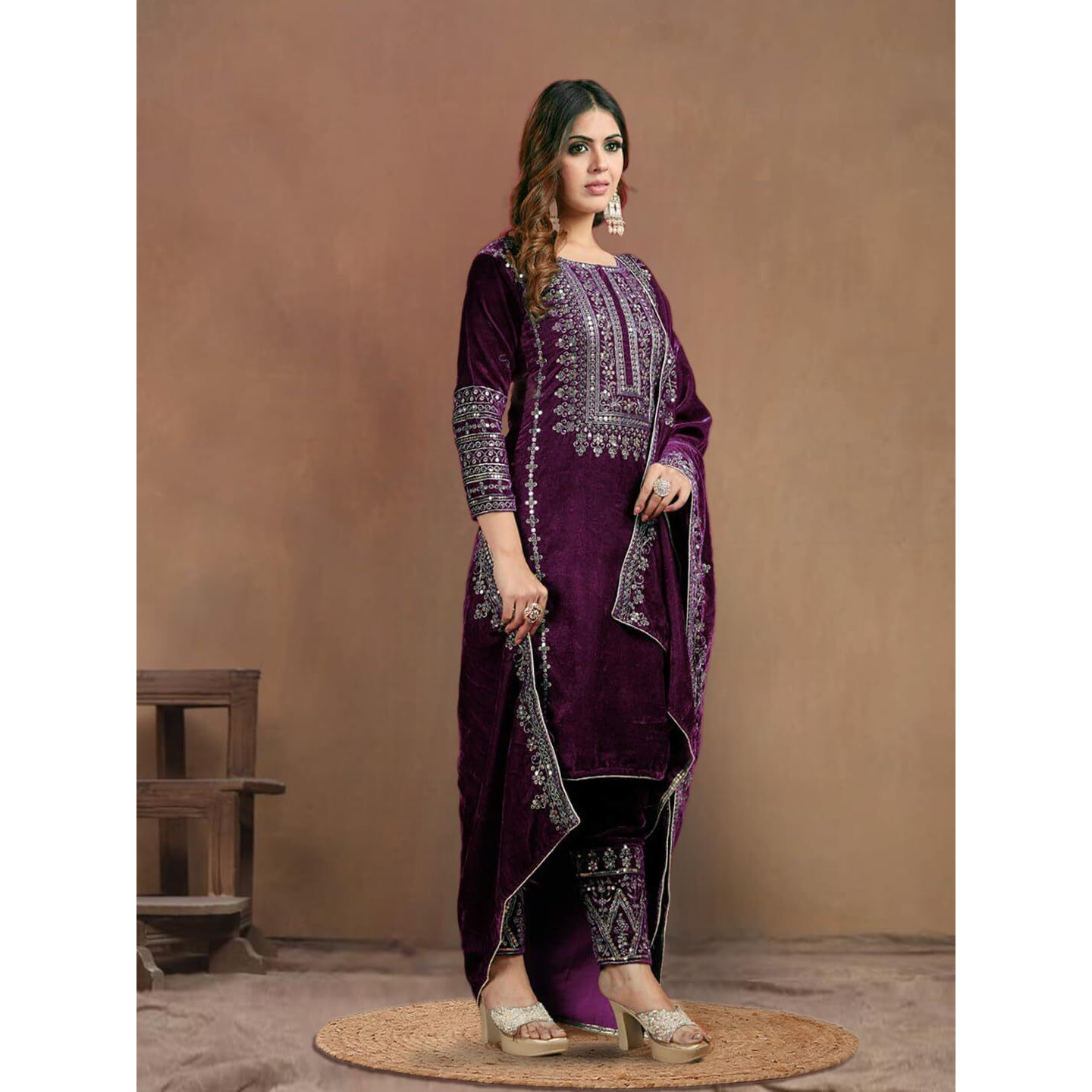 Brulry Women's Velvet Embroidered Purple Straight Kurta Suit Set With Pant And Dupatta||Velvet Suit For Women||Velvet Kurta Set Women||Kurta Set For Women Winter