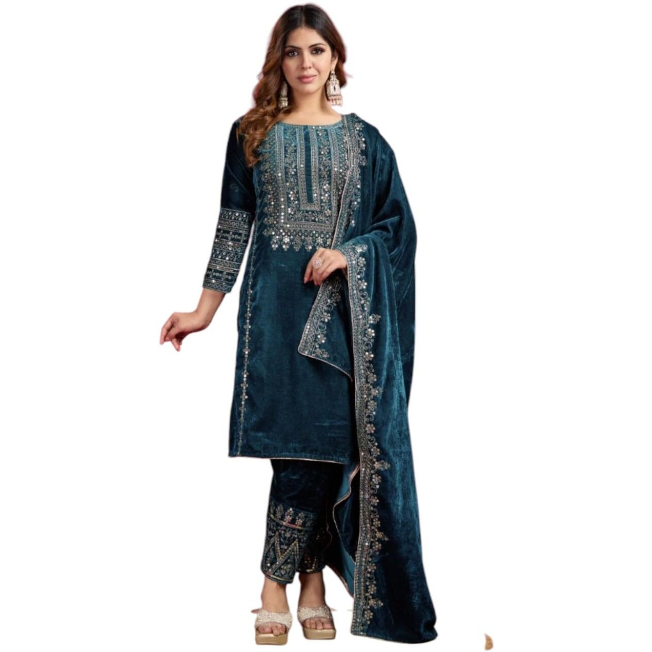 Brulry Women's Velvet Embroidered Teal Straight Kurta Suit Set With Pant And Dupatta||Velvet Suit For Women||Velvet Kurta Set Women||Kurta Set For Women Winter