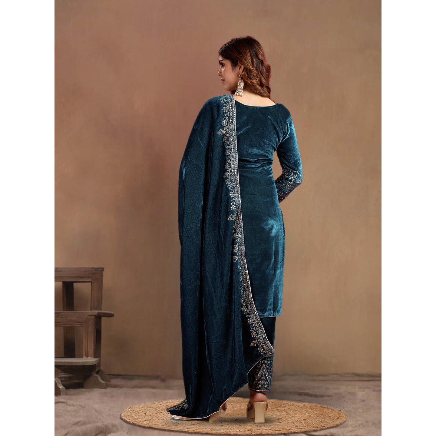 Brulry Women's Velvet Embroidered Teal Straight Kurta Suit Set With Pant And Dupatta||Velvet Suit For Women||Velvet Kurta Set Women||Kurta Set For Women Winter