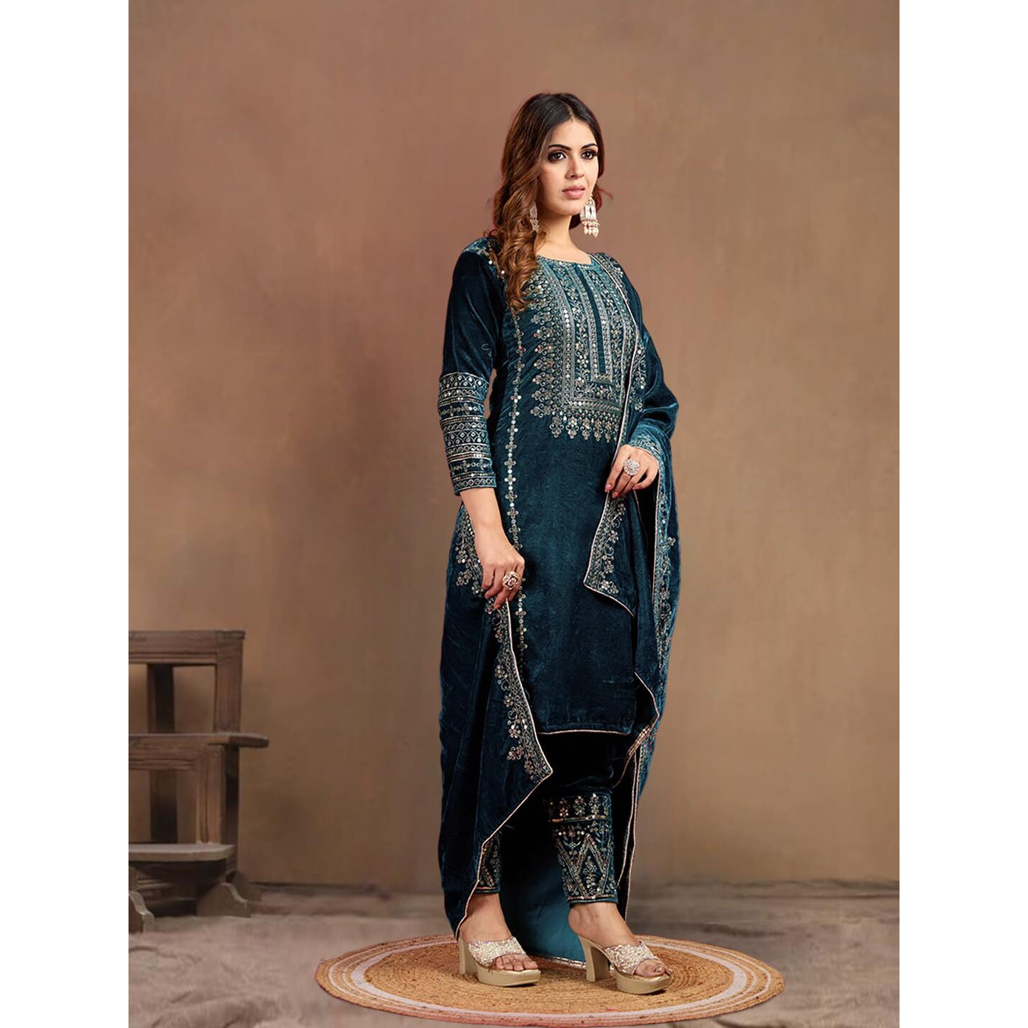 Brulry Women's Velvet Embroidered Teal Straight Kurta Suit Set With Pant And Dupatta||Velvet Suit For Women||Velvet Kurta Set Women||Kurta Set For Women Winter
