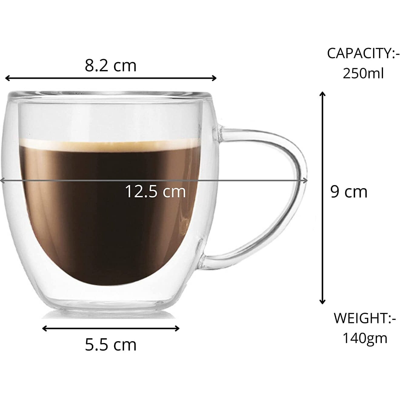 Zroy Enterprise Double Wall Glass 250Ml Set Of 4 Coffee Cups - Double Walled Glass Mugs For Hot & Cold Drinks Coffee Tea Milk Cappuchino Juice (4, 250Ml Cup)