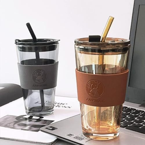 Kikiluxxa Glass Sipper Bottle With Straw And Lid -Pack Of 2 - Green Tea Cold Coffee Fruit Juice Tumbler Mug Cup With Lid And Starw(Sroza B+Br Tumbler 1+1)