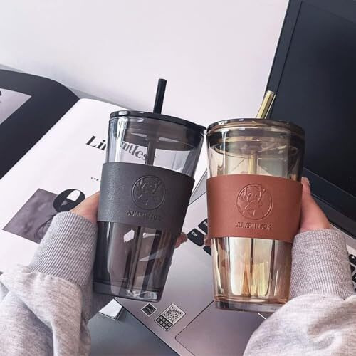 Kikiluxxa Glass Sipper Bottle With Straw And Lid -Pack Of 2 - Green Tea Cold Coffee Fruit Juice Tumbler Mug Cup With Lid And Starw(Sroza B+Br Tumbler 1+1)