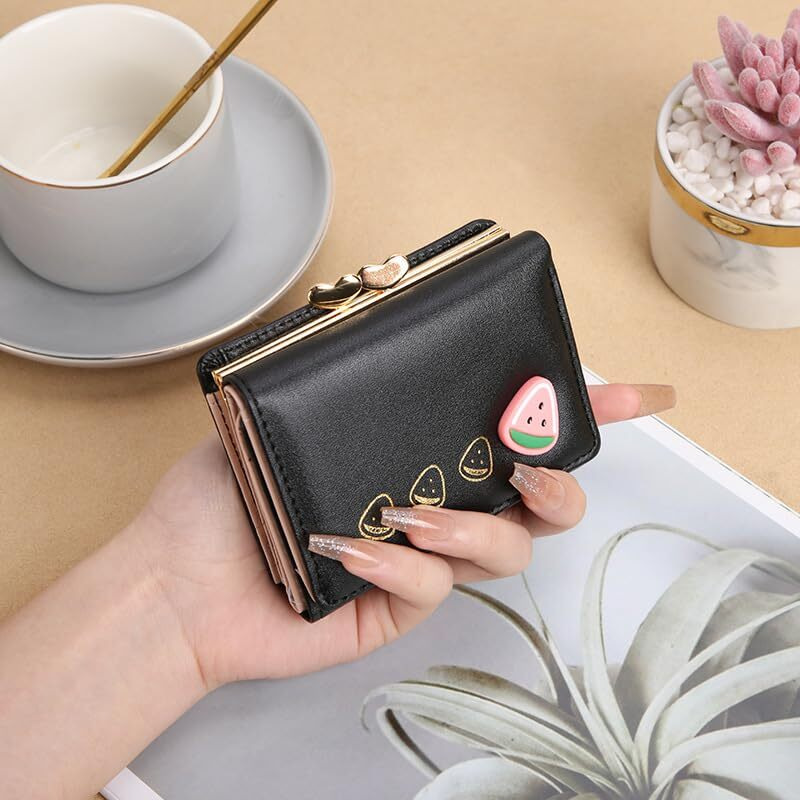 Valerie Cute Small Wallets Clutch For Teen Girl Women Pu Leather Trifold Small Wallet Cash Pocket 3D Buckle Card Holder Coin Purse With Id Window For Girls Women (Black)