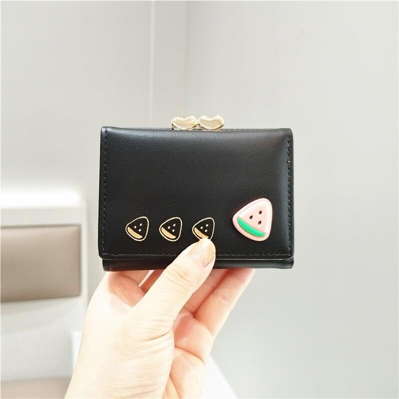 Valerie Cute Small Wallets Clutch For Teen Girl Women Pu Leather Trifold Small Wallet Cash Pocket 3D Buckle Card Holder Coin Purse With Id Window For Girls Women (Black)