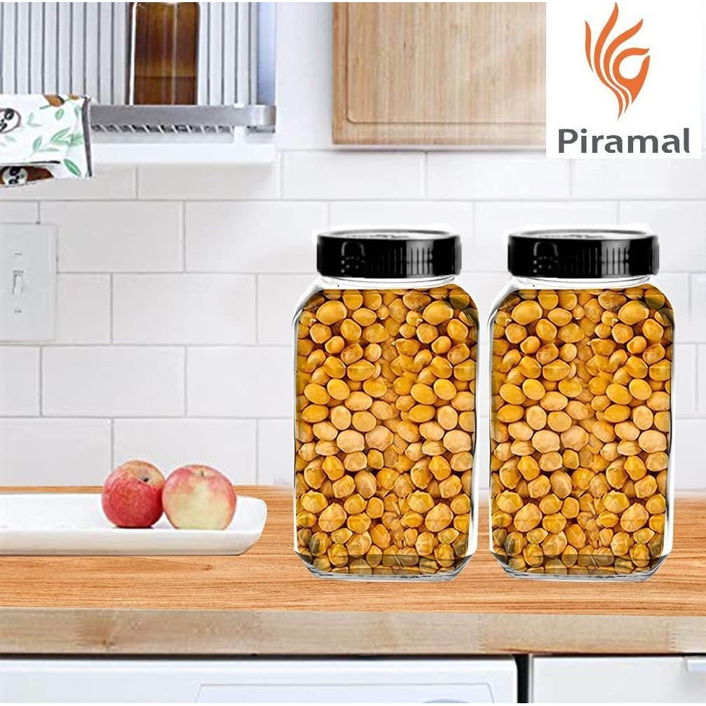 Vency Piramal Glass Cubical 3Kg Square Glass Jars & 3000Ml Containers For Kitchen Pantry, Snacks, Masala, Jams, Pickles, Cookies, Dry Fruits, Coffee Beans Storage With Black Lid, 3 Liter, Set Of 2