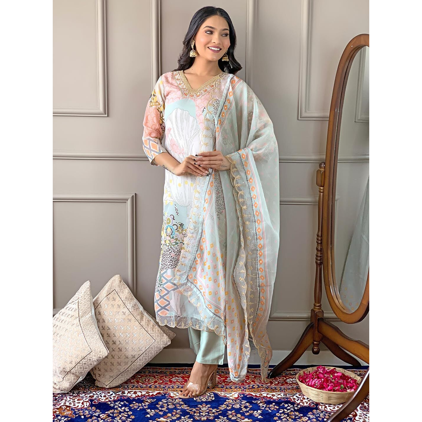 Naixa Women's Pista Organza Embroidered Straight Kurta With Rayon Pant And Organza Laced Dupatta Sets (Nx-453-Pista-Xxl)
