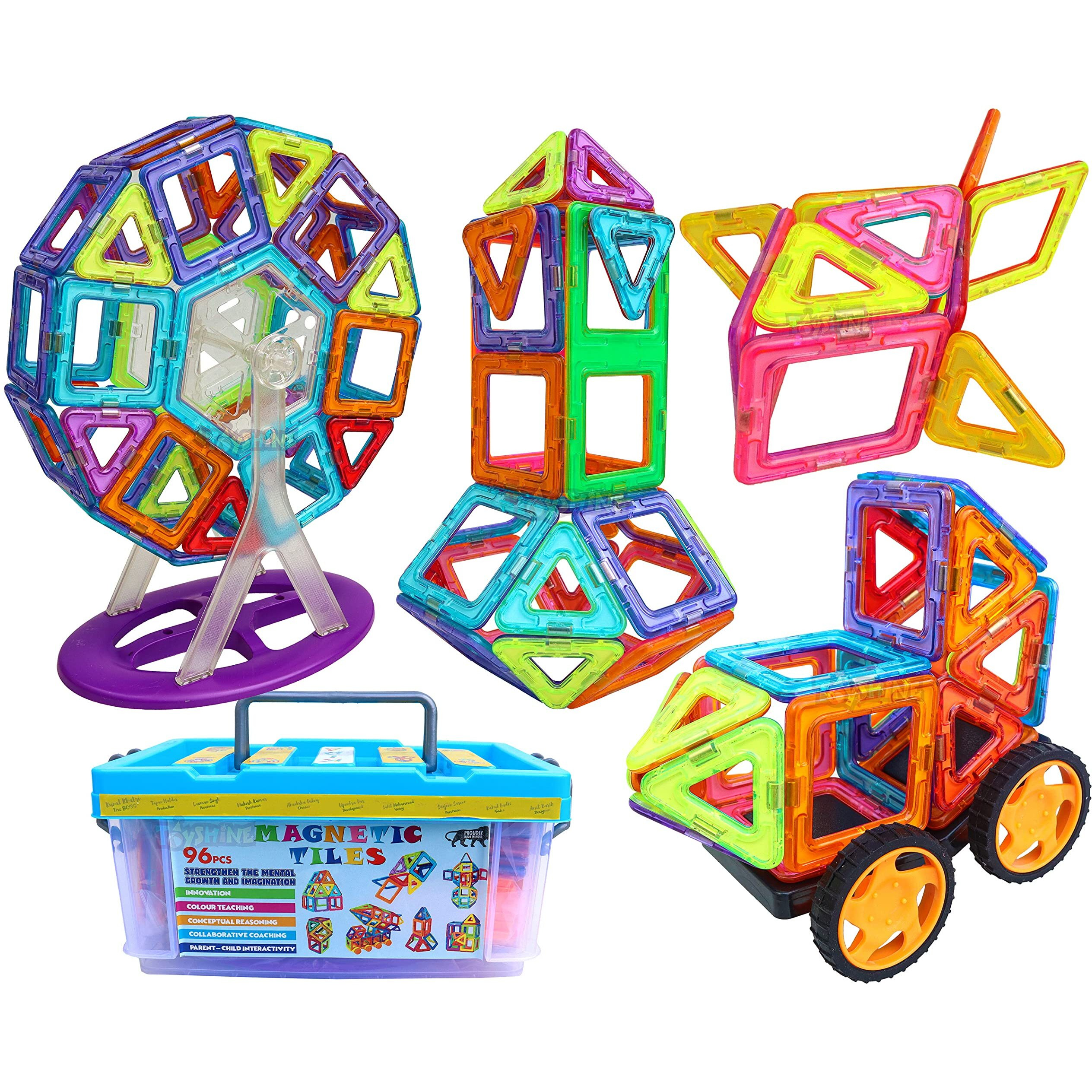 Toyshine 96 Pcs Plastic Magnetic Tiles Building Blocks Construction Set Educational Stacking Toys-Indian,Multi