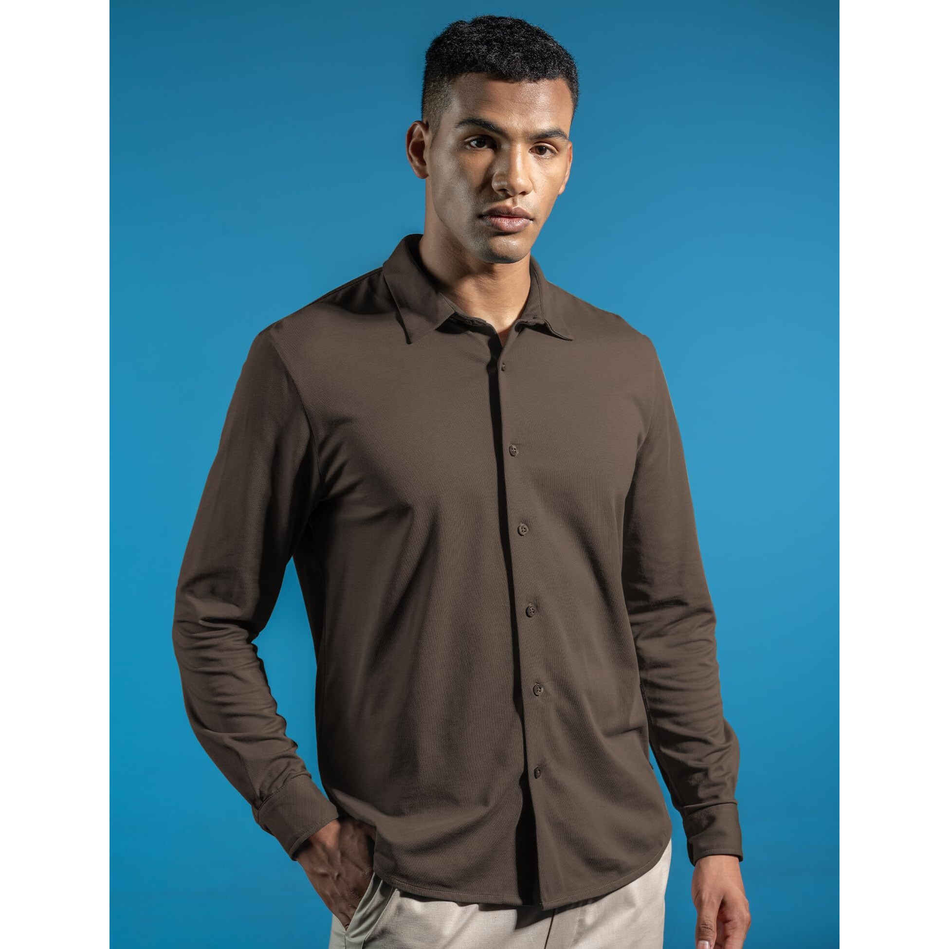 Damensch Constant Cotton Thermoregulating Pique Full Shirts-Coffee Brown-L