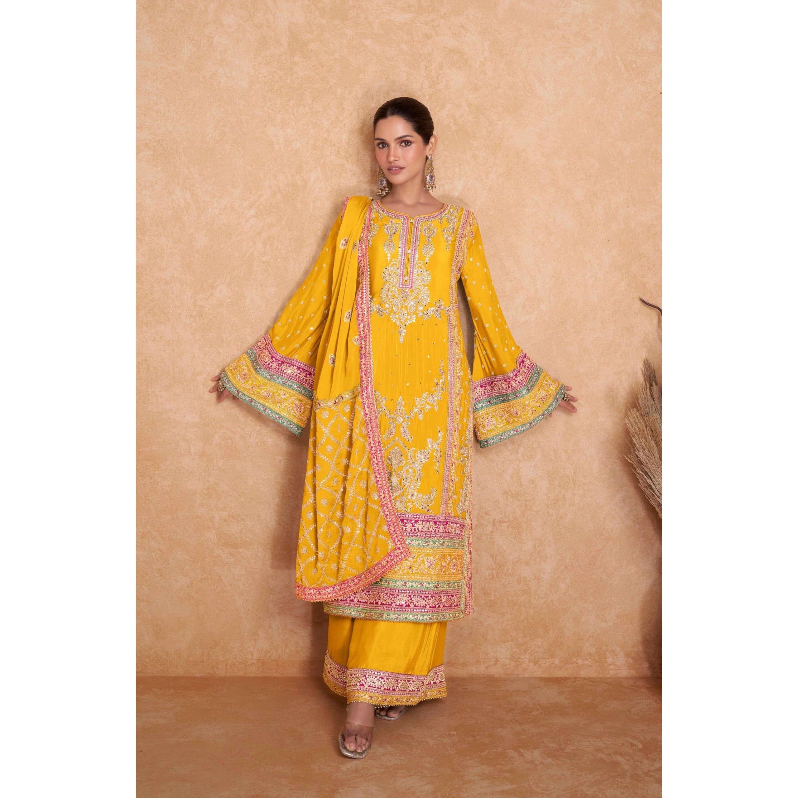 Miss Ethnik Chiffon Women's Yellow Color Chinon Embroidered Kurta Palazzo Set With Embroidered Dupatta (Me-1140-Yellow-Xl)