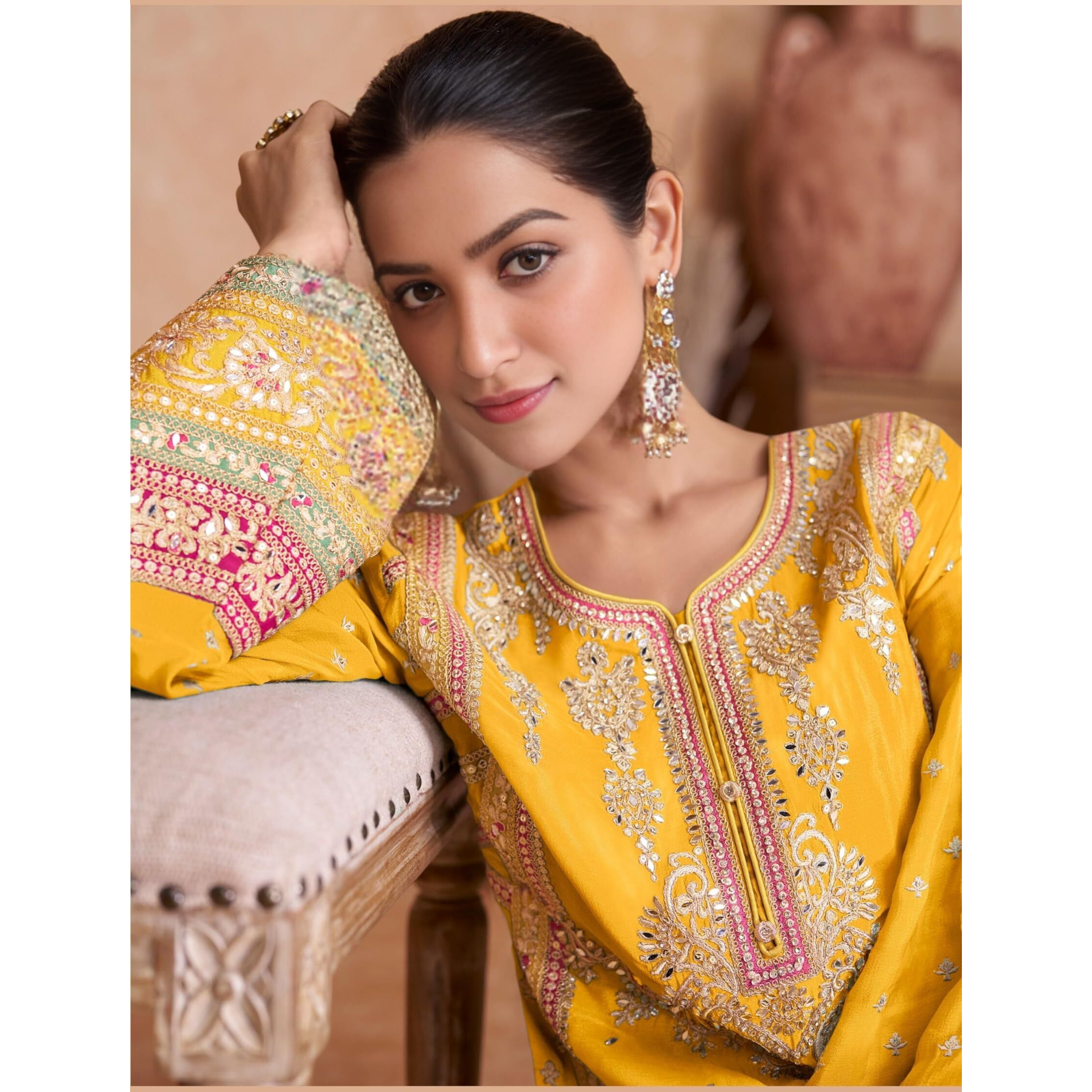 Miss Ethnik Chiffon Women's Yellow Color Chinon Embroidered Kurta Palazzo Set With Embroidered Dupatta (Me-1140-Yellow-Xl)