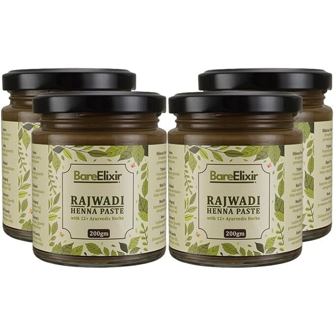 Bare Elixir Henna Paste | Pre-Soaked In Black Tea & 12+ Ayurvedic Herbs | 100% Natural Rajasthani Sojat Henna For Hair | Ready-To-Use, Chemical-Free Henna For Men & Women | Rich Brown Hair Color | Pure Herbal Mehndi For Nourished & Naturally Colored Hair (200Gm X 4)