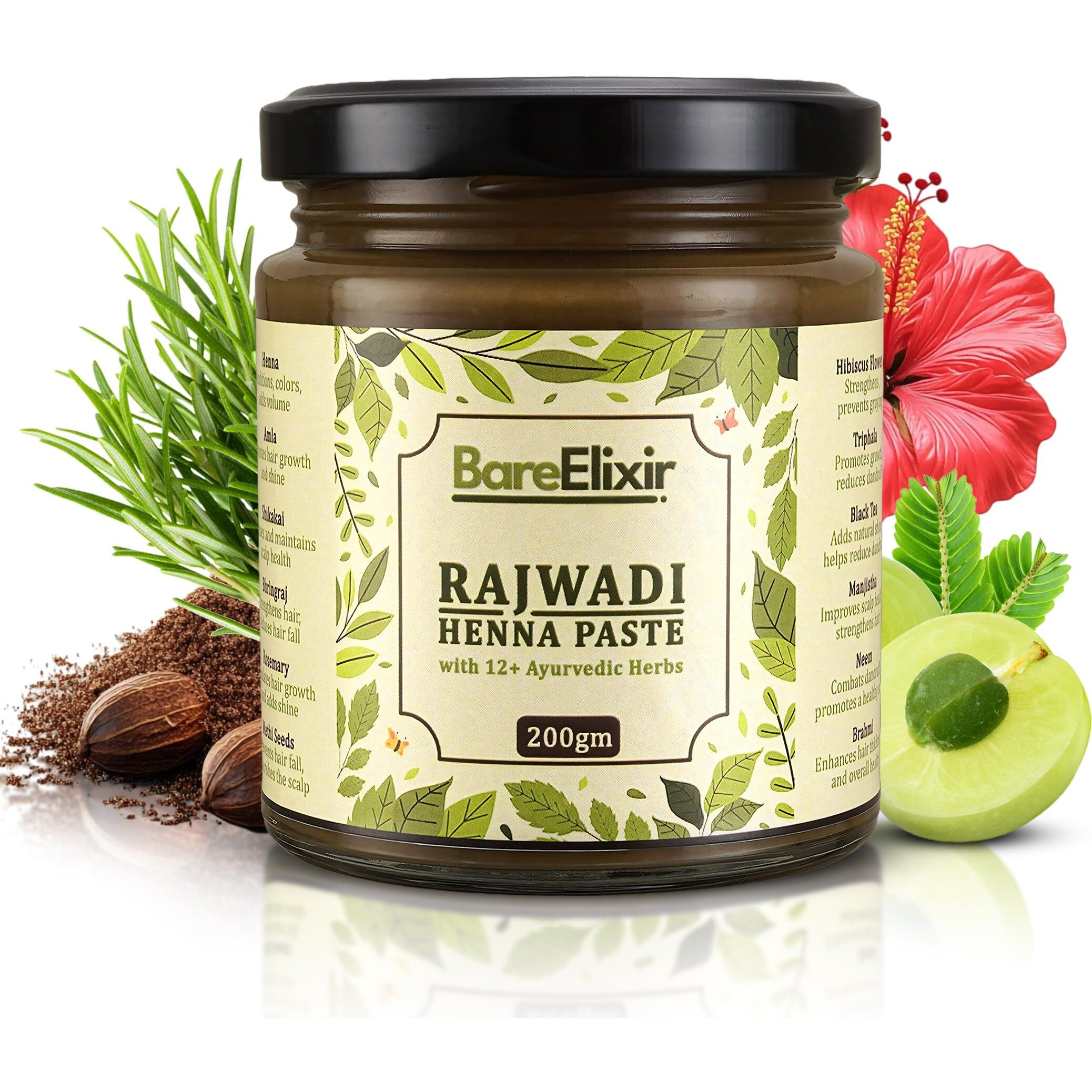 Bare Elixir Henna Paste | Pre-Soaked In Black Tea & 12+ Ayurvedic Herbs | 100% Natural Rajasthani Sojat Henna For Hair | Ready-To-Use, Chemical-Free Henna For Men & Women | Rich Brown Hair Color | Pure Herbal Mehndi For Nourished & Naturally Colored Hair (200Gm X 4)