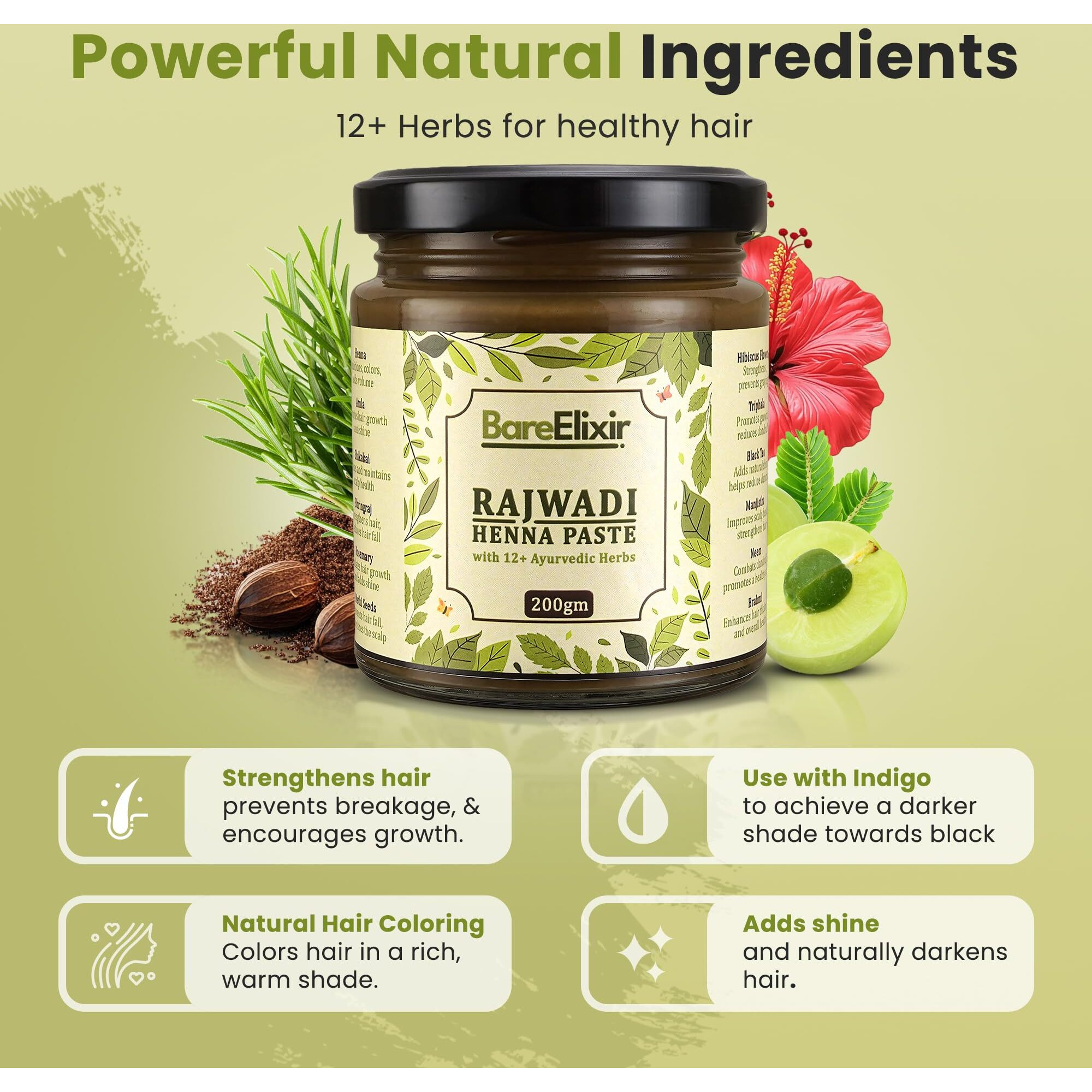 Bare Elixir Henna Paste | Pre-Soaked In Black Tea & 12+ Ayurvedic Herbs | 100% Natural Rajasthani Sojat Henna For Hair | Ready-To-Use, Chemical-Free Henna For Men & Women | Rich Brown Hair Color | Pure Herbal Mehndi For Nourished & Naturally Colored Hair (200Gm X 4)