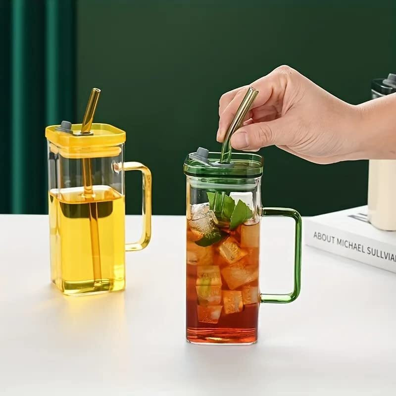 Kikiluxxa Random Clour Squre Can Glass Tea And Coffee Sipper Tumbler And Glass Starw- 400Ml- Glass Fruit Juice Milk Soda Water Drinking Glass Mug With Starw Cup - Pack Of 2 (Captown Sipper 2)
