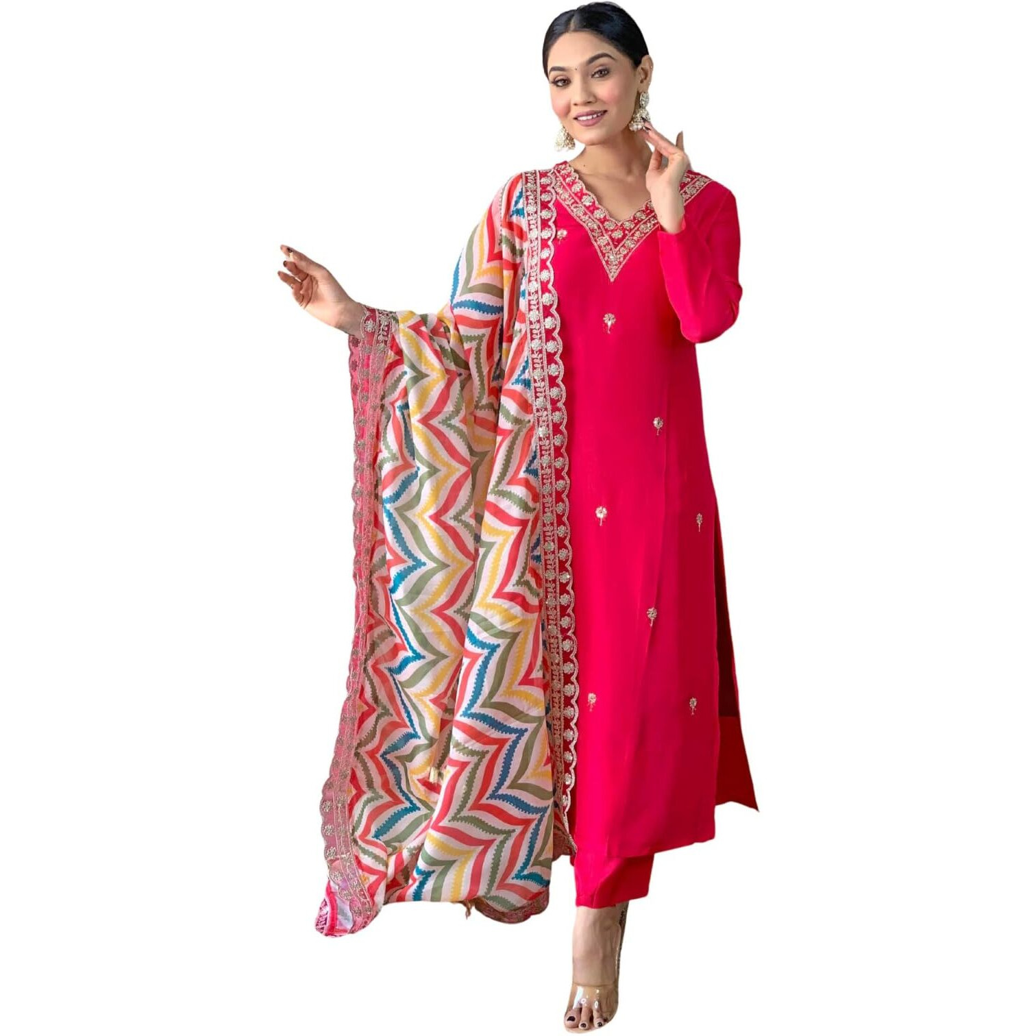 Naixa Women's Gajri Viscose Embroidered Straight Kurta With Viscose Pant And Silk Blend Printed Dupatta Sets (Nx-467-Gajri-M)