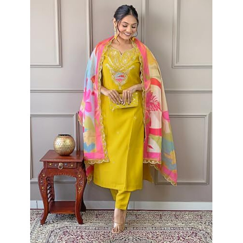 Naixa Women's Yellow Viscose Embroidered Flared Kurta With Viscose Pant And Silk Blend Printed Dupatta Sets (Nx-474-Yellow-Xs)