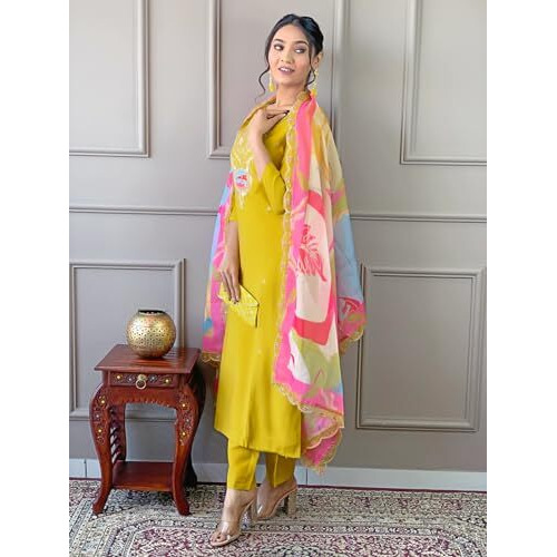 Naixa Women's Yellow Viscose Embroidered Flared Kurta With Viscose Pant And Silk Blend Printed Dupatta Sets (Nx-474-Yellow-Xs)