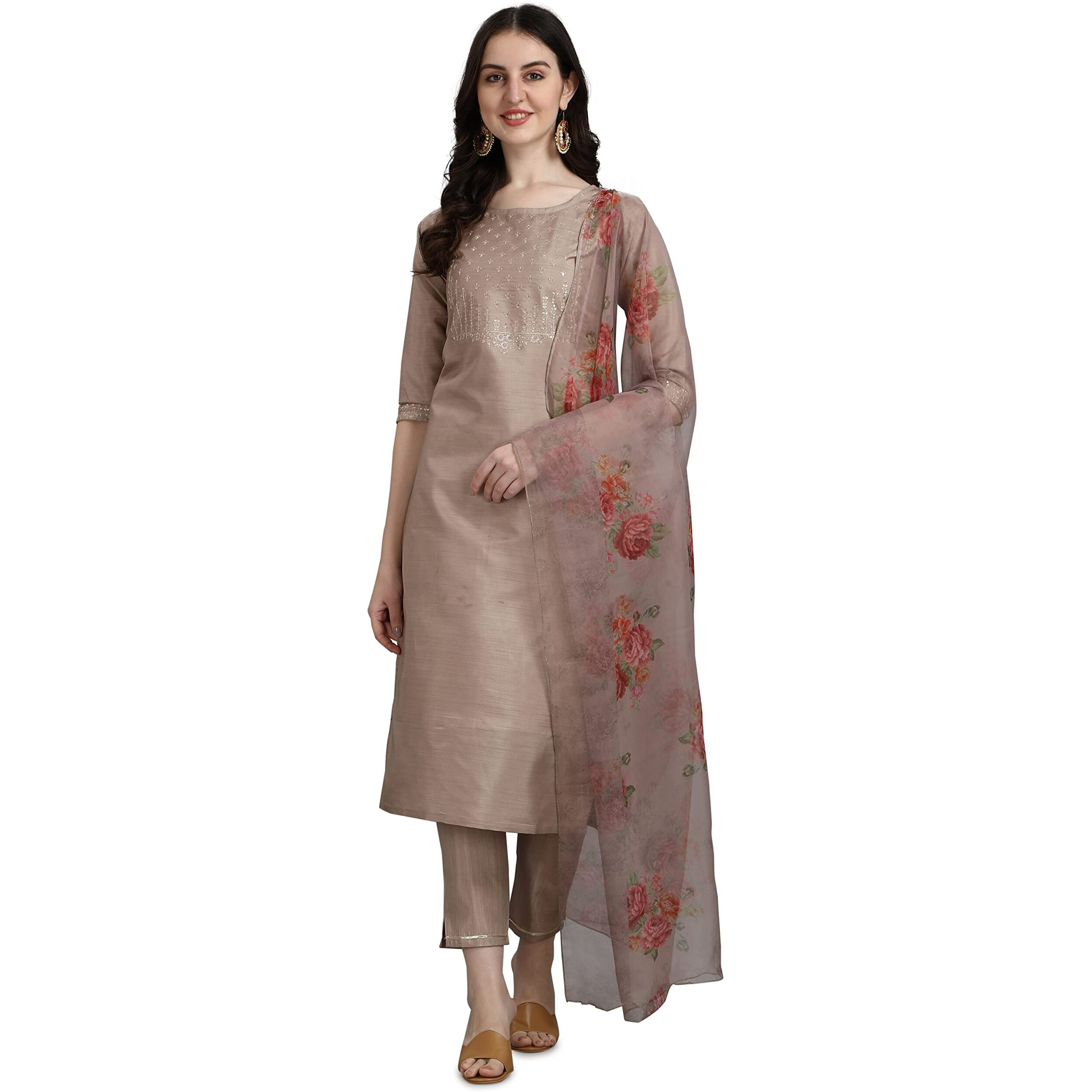 Vredevogel Women's Silk Blend Embroidered Straight Kurta Pant Set With Organza Dupatta (Beige_Xxx-Large)